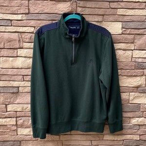 NAUTICA Mens 1/4 Zip Green Navy Sweater Padded Shoulders Large